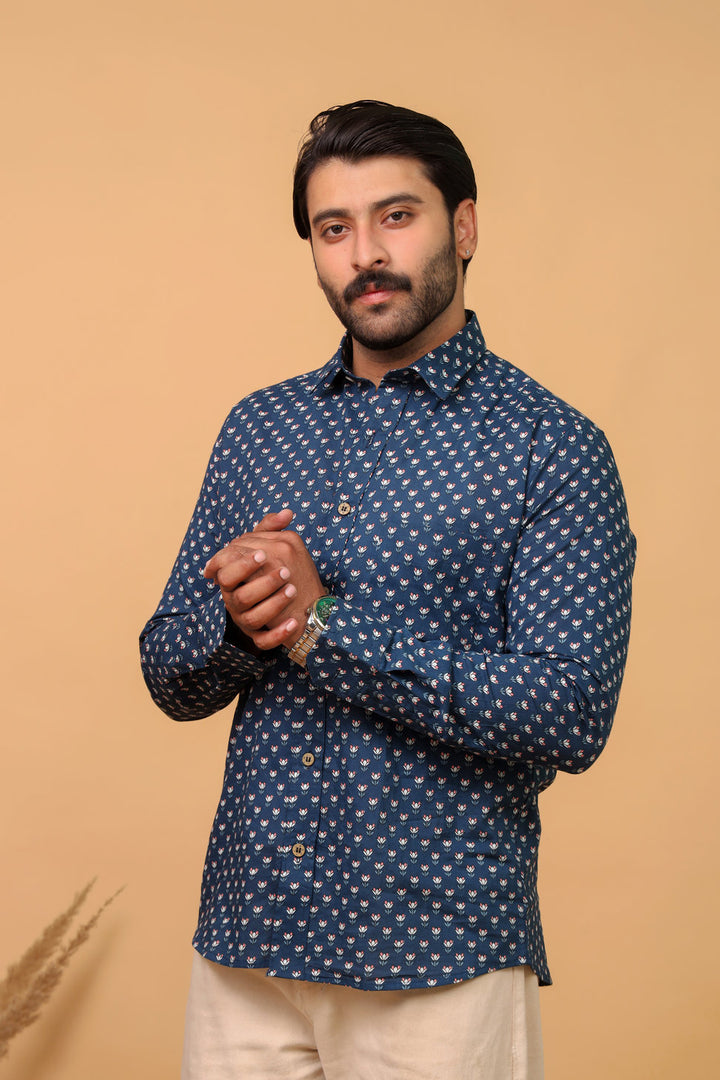 Handcrafted Indigo Buti Print Cotton Shirt for Men – Navy Blue