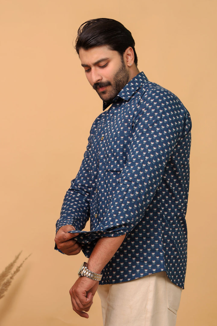 Handcrafted Indigo Buti Print Cotton Shirt for Men – Navy Blue