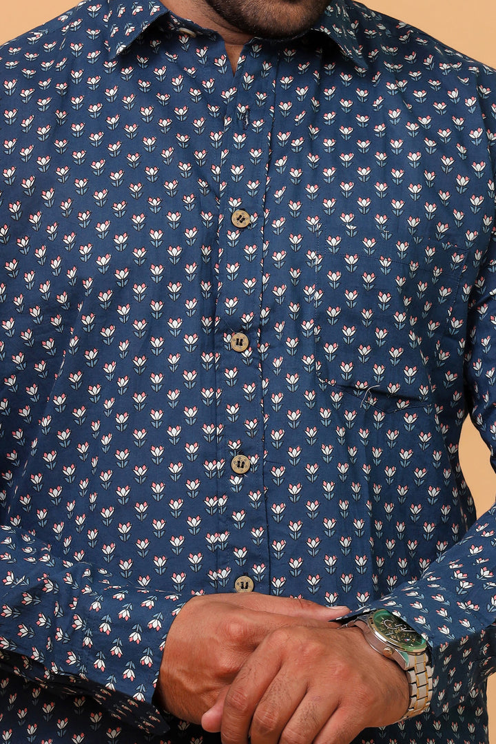 Handcrafted Indigo Buti Print Cotton Shirt for Men – Navy Blue