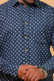Handcrafted Indigo Buti Print Cotton Shirt for Men – Navy Blue