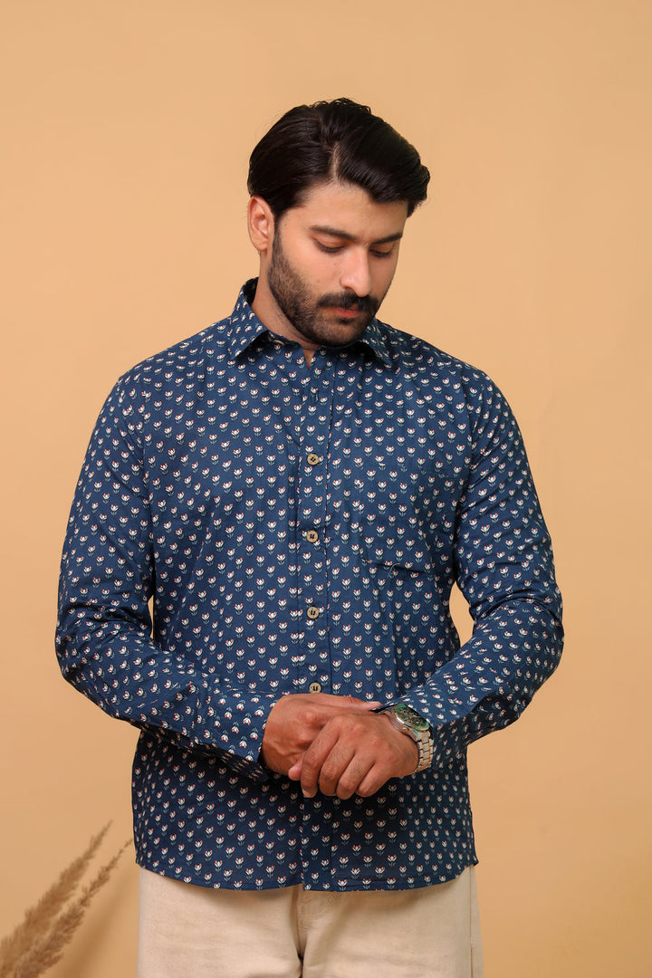 Handcrafted Indigo Buti Print Cotton Shirt for Men – Navy Blue