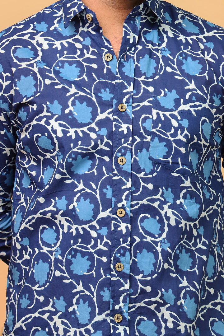 Handcrafted Indigo Floral Print Cotton Shirt for Men – Deep Blue