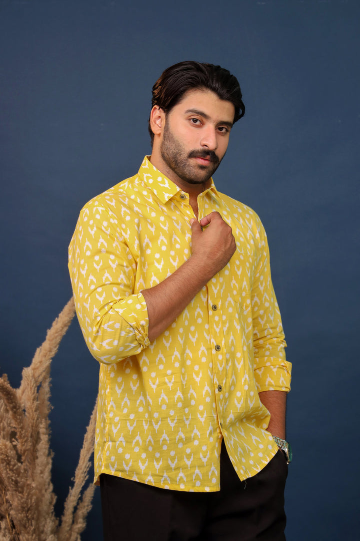 Jaipuri yellow ikat cotton shirt for men by Rangat Jaipur