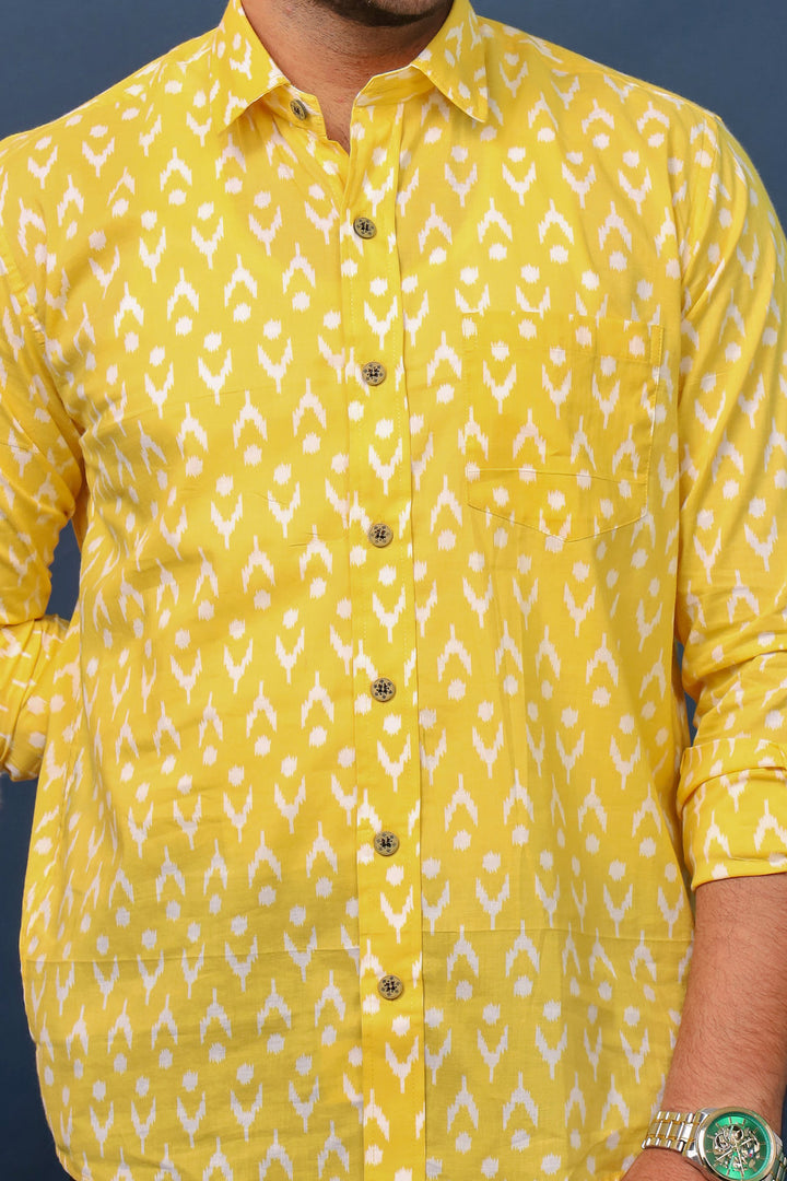 Jaipuri Yellow Ikat Casual Cotton Shirt