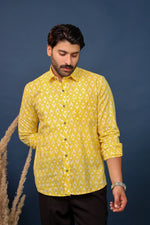 Load image into Gallery viewer, Jaipuri Yellow Ikat Casual Cotton Shirt