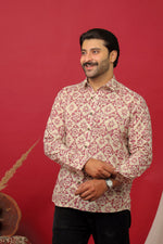 Load image into Gallery viewer, Handcrafted Sanganeri Floral Print Cotton Shirt for Men – Beige &amp; Maroon