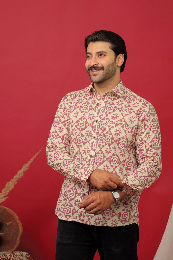 Handcrafted Sanganeri Floral Print Cotton Shirt for Men – Beige & Maroon