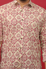 Handcrafted Sanganeri Floral Print Cotton Shirt for Men – Beige & Maroon