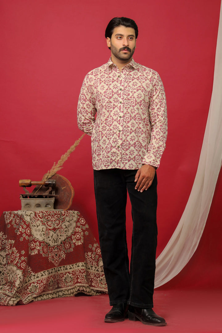 Handcrafted Sanganeri Floral Print Cotton Shirt for Men – Beige & Maroon
