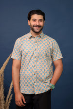 Load image into Gallery viewer, Men’s Beige &amp; Blue Floral Hand Block Printed Cotton Shirt