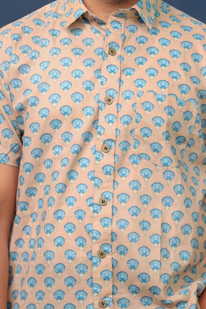Men’s Beige & Blue Floral Hand Block Printed Cotton Shirt