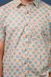 Men’s Beige & Blue Floral Hand Block Printed Cotton Shirt – Sanganeri Print by Rangat Jaipur