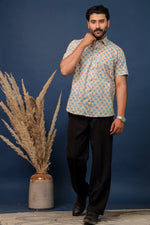 Load image into Gallery viewer, Men’s Beige &amp; Blue Floral Hand Block Printed Cotton Shirt