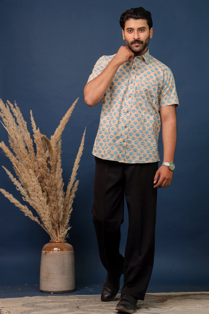 Men’s Beige & Blue Floral Hand Block Printed Cotton Shirt