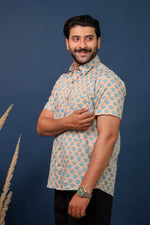 Load image into Gallery viewer, Men’s Beige &amp; Blue Floral Hand Block Printed Cotton Shirt