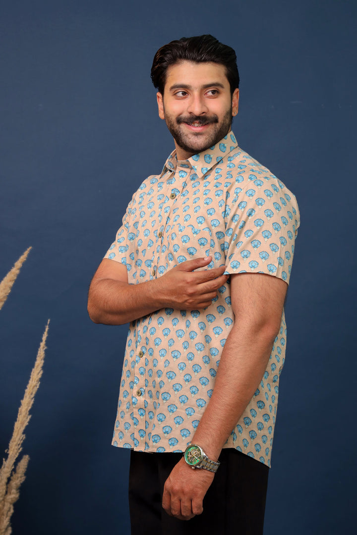 Men’s Beige & Blue Floral Hand Block Printed Cotton Shirt