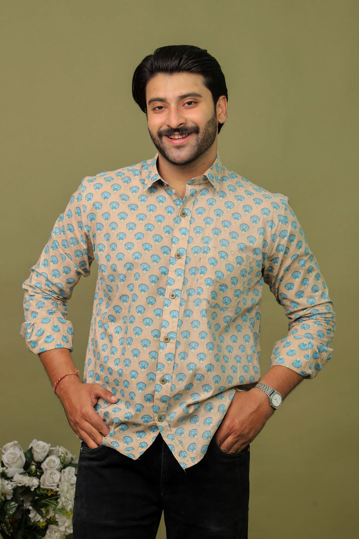 Beige Blue Floral Sanganeri Print Cotton Shirt