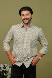 Beige Blue Floral Sanganeri Print Cotton Shirt