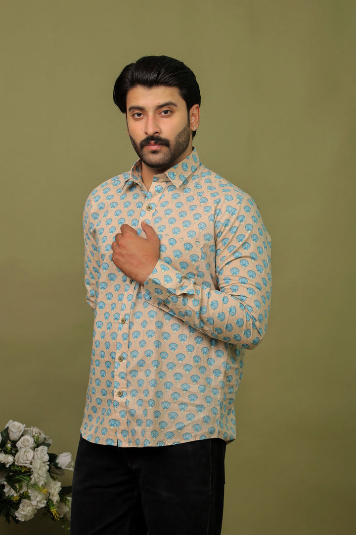 Beige Blue Floral Sanganeri Print Cotton Shirt