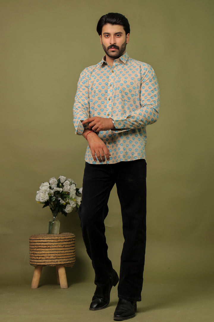 Beige Blue Floral Sanganeri Print Cotton Shirt