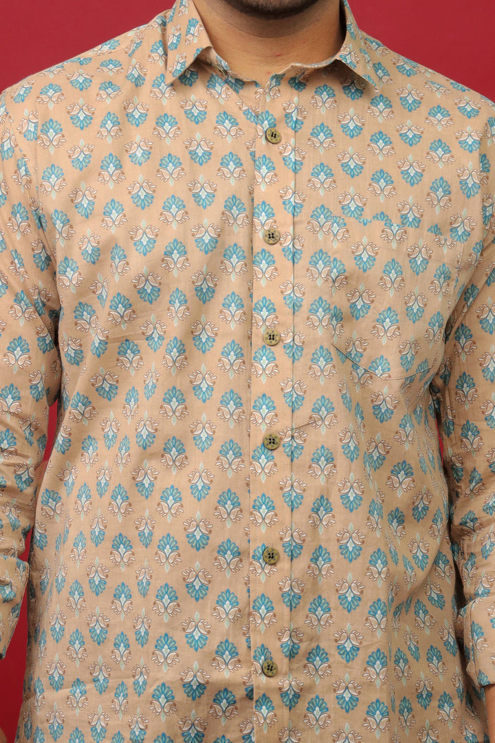 Men’s Beige Floral Printed Full Sleeve Shirt by Rangat Jaipur