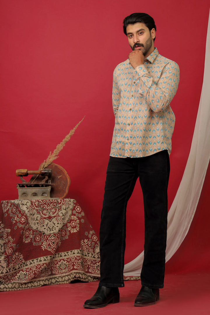 Men’s Beige Floral Printed Full Sleeve Shirt by Rangat Jaipur