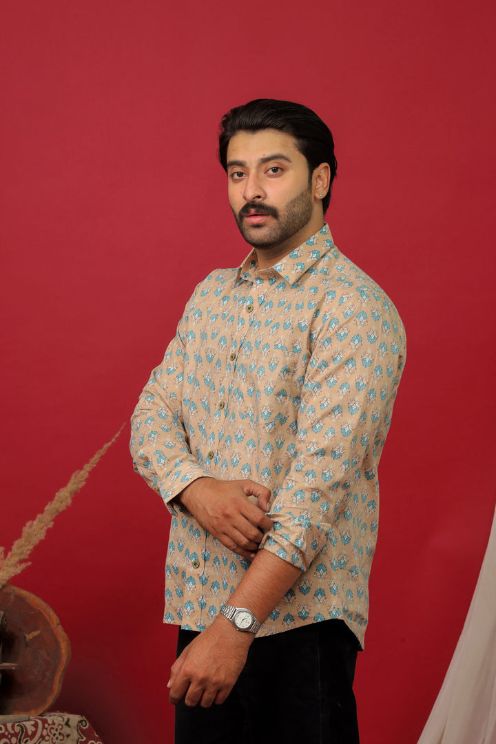 Men’s Beige Floral Printed Full Sleeve Shirt by Rangat Jaipur