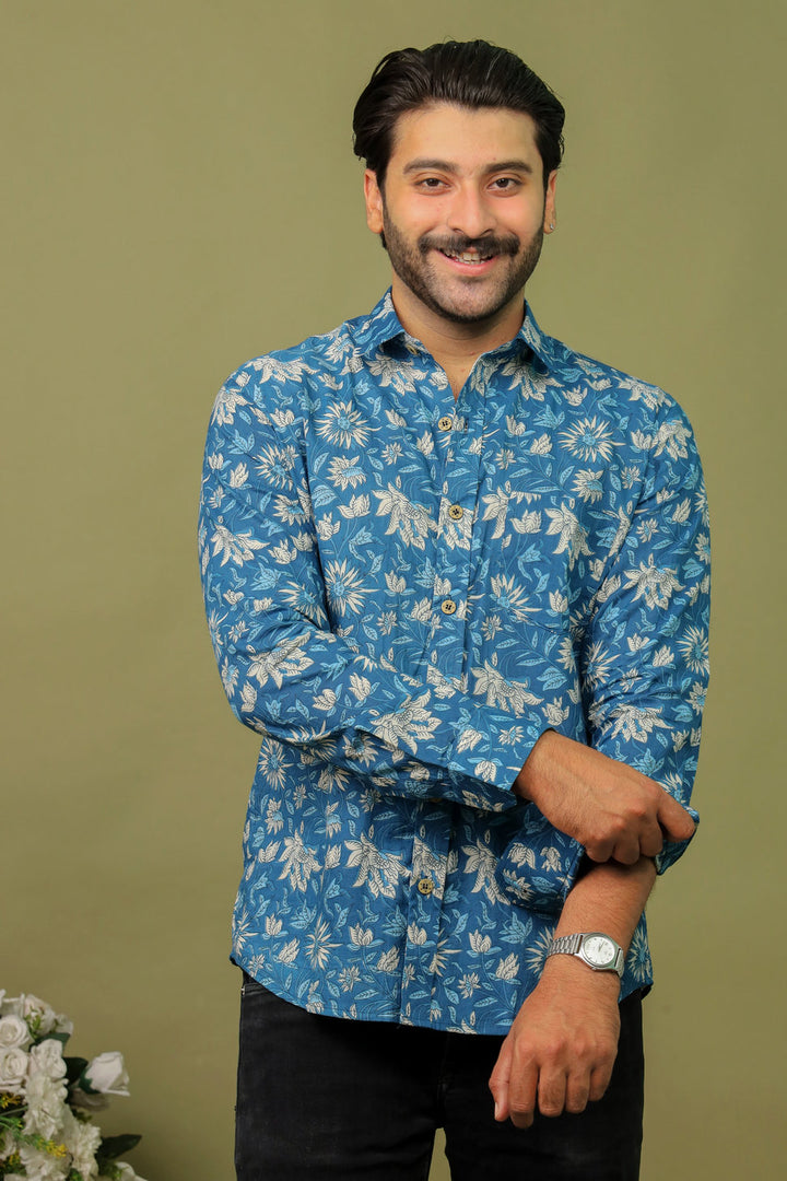 Indigo Blue Floral Printed Cotton Shirt for Men – Rangat Jaipur