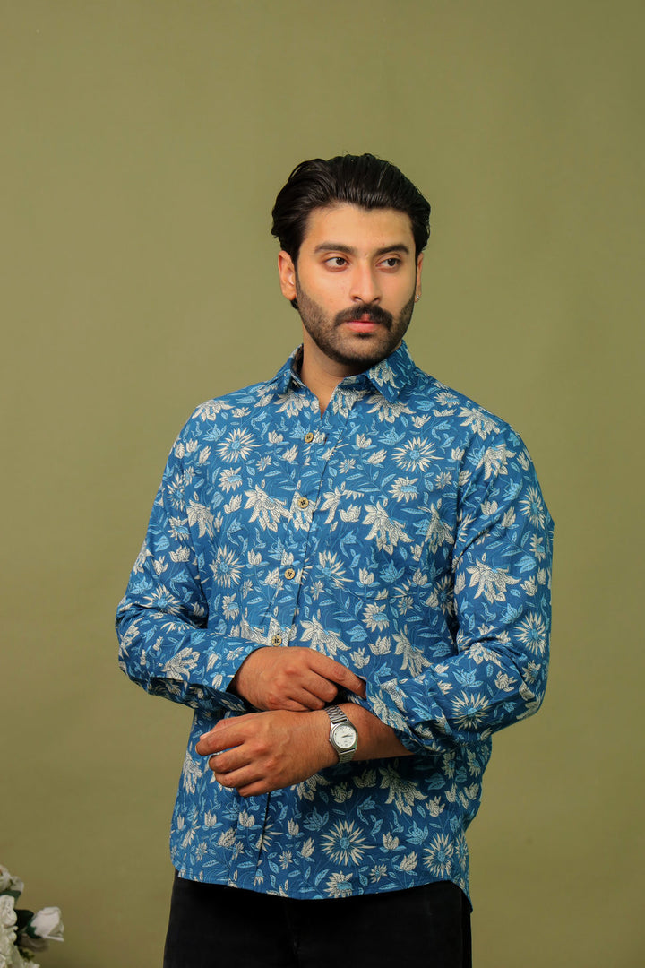 Indigo Blue Floral Printed Cotton Shirt for Men – Rangat Jaipur