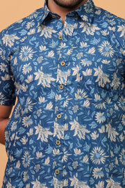 Men’s Blue Tropical Floral Printed Half Sleeve Shirt by Rangat Jaipur