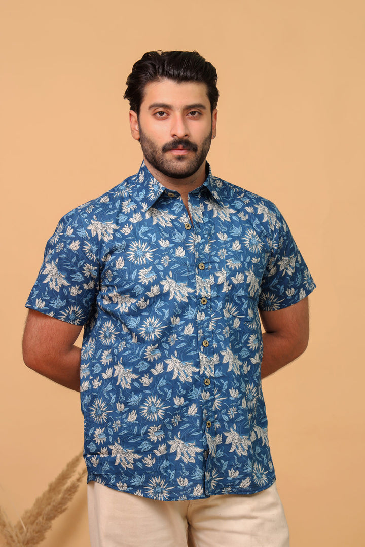 Men’s Blue Tropical Floral Printed Half Sleeve Shirt by Rangat Jaipur
