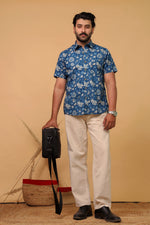 Load image into Gallery viewer, Men’s Blue Tropical Floral Printed Half Sleeve Shirt by Rangat Jaipur