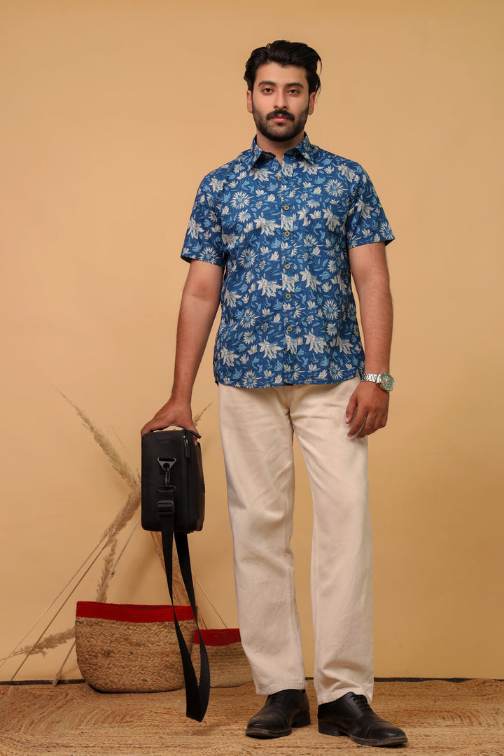 Men’s Blue Tropical Floral Printed Half Sleeve Shirt by Rangat Jaipur