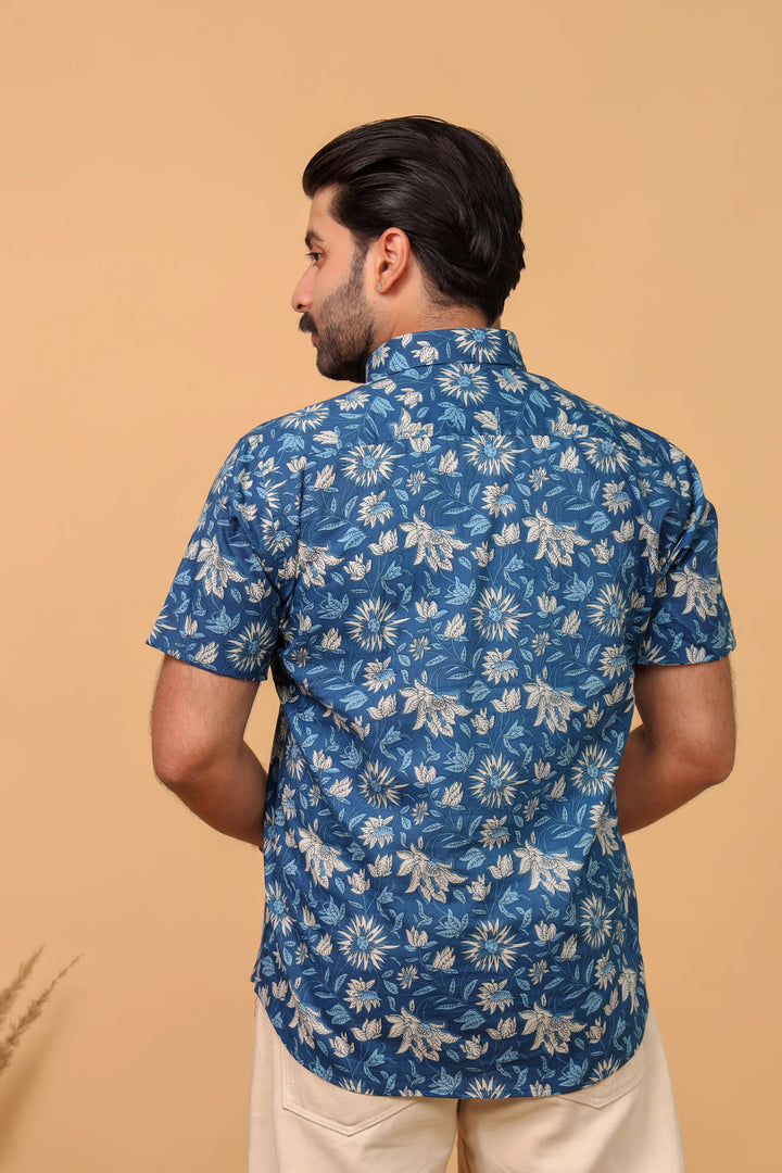 Men’s Blue Tropical Floral Printed Half Sleeve Shirt by Rangat Jaipur