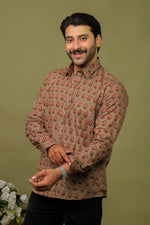 Load image into Gallery viewer, Men’s Brown Floral Block Print Cotton Shirt – Traditional Casual Style