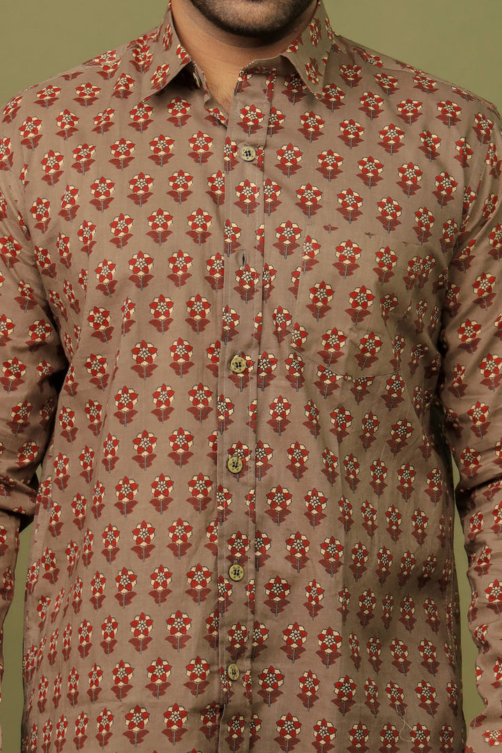 Men’s Brown Floral Block Print Cotton Shirt – Traditional Casual Style