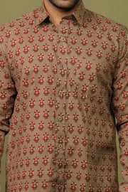 Men’s Brown Floral Block Print Cotton Shirt – Traditional Casual Style