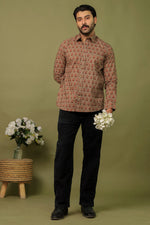 Load image into Gallery viewer, Men’s Brown Floral Block Print Cotton Shirt – Traditional Casual Style
