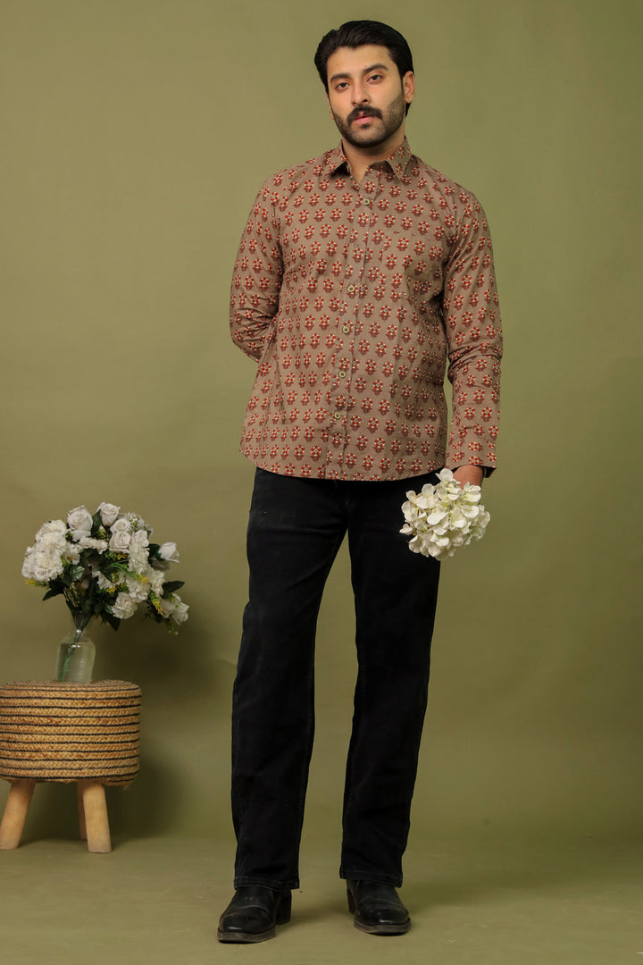 Men’s Brown Floral Block Print Cotton Shirt – Traditional Casual Style