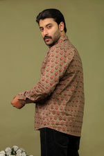 Load image into Gallery viewer, Men’s Brown Floral Block Print Cotton Shirt – Traditional Casual Style