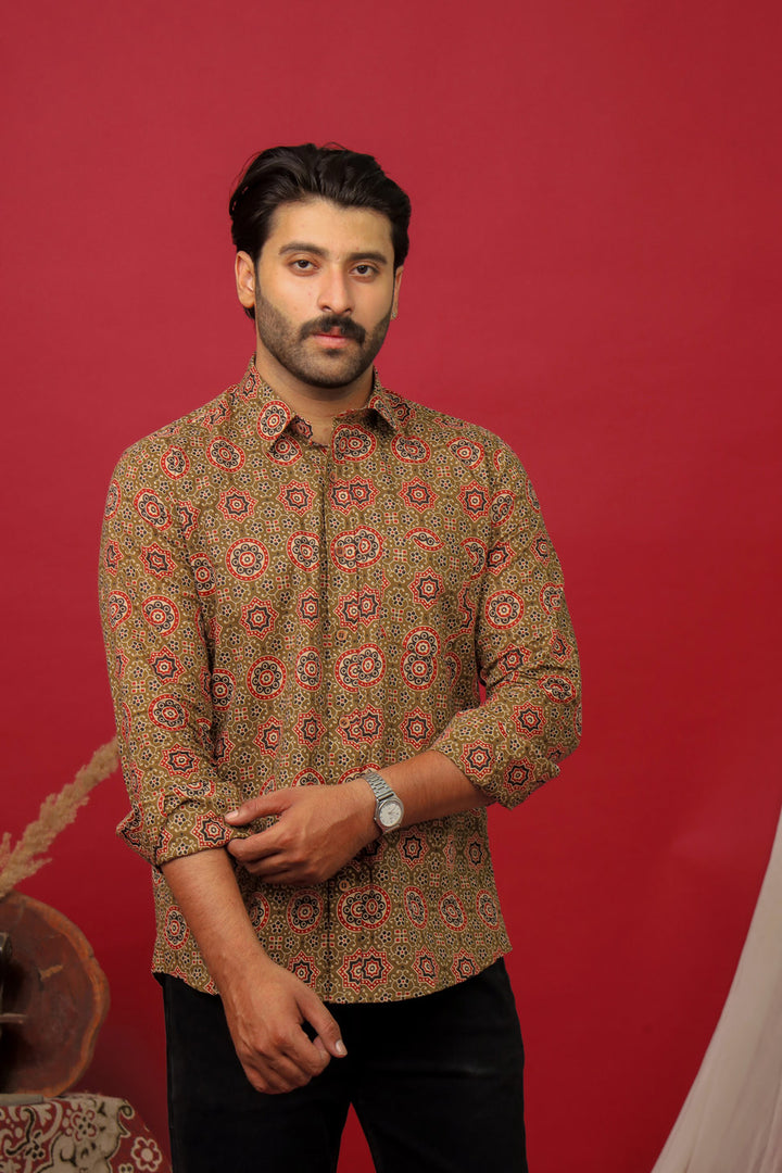 Rangat Jaipur Brown Ajrakh Print Cotton Shirt for Men – Premium Casual Wear