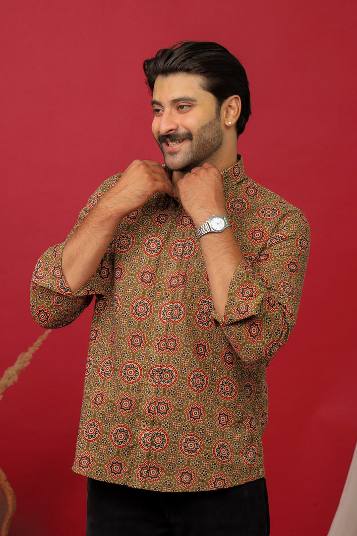 Rangat Jaipur Brown Ajrakh Print Cotton Shirt for Men – Premium Casual Wear
