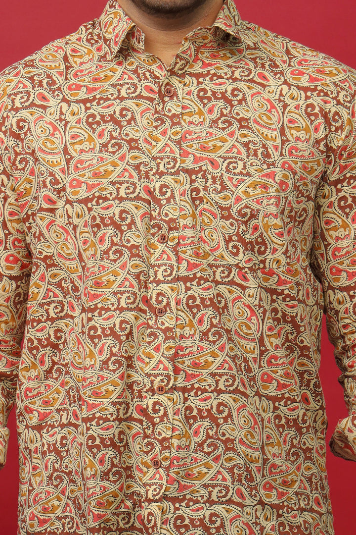 Men’s Maroon Paisley Print Designer Cotton Shirt – Premium Ethnic Casual Wear