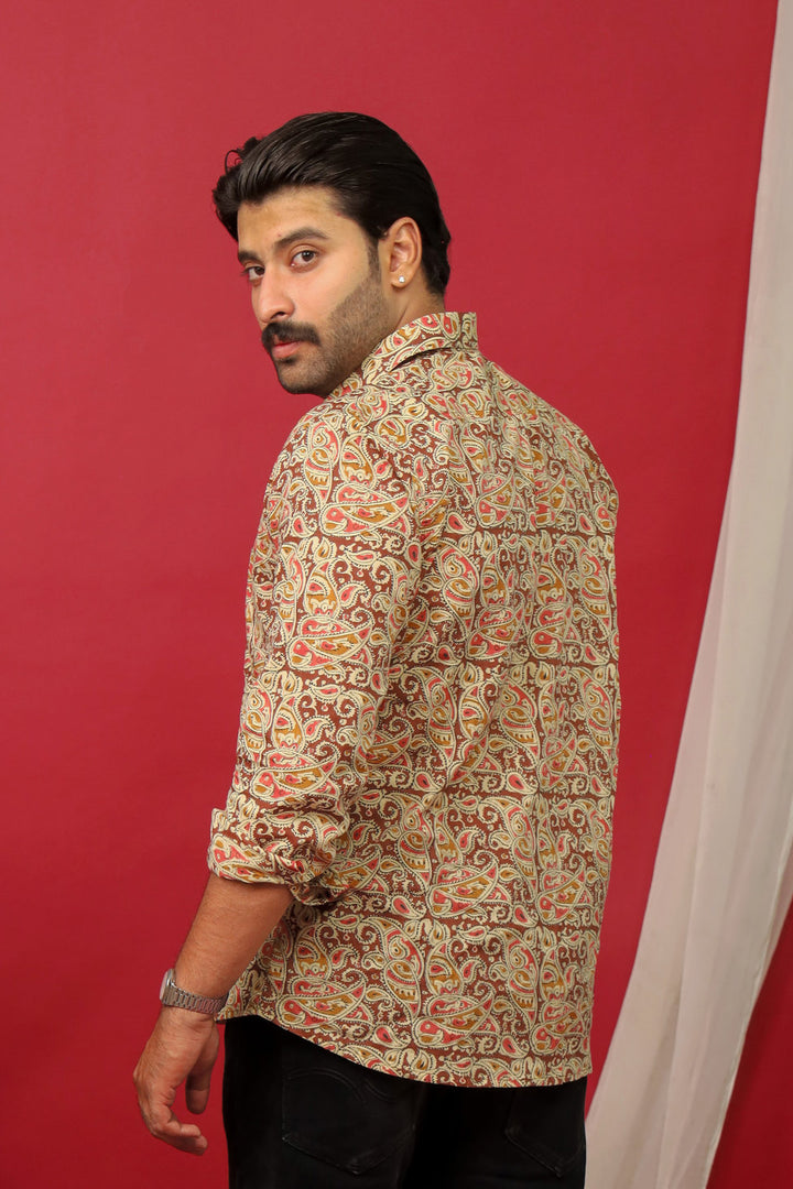 Men’s Maroon Paisley Print Designer Cotton Shirt – Premium Ethnic Casual Wear