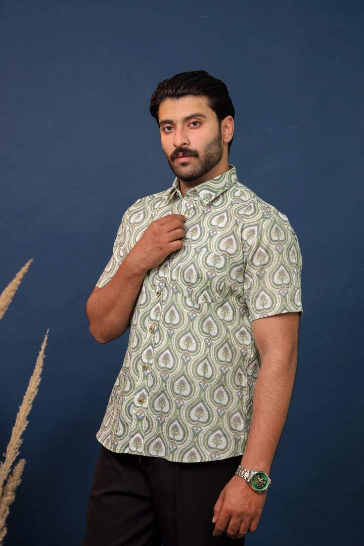Men’s Green Paisley Hand Block Printed Cotton Shirt