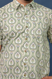 Men’s Green Paisley Hand Block Printed Cotton Shirt – Ethnic Sanganeri Design by Rangat Jaipur