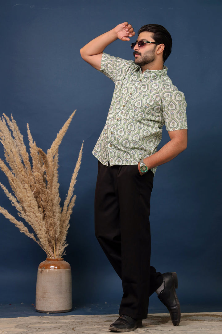 Men’s Green Paisley Hand Block Printed Cotton Shirt