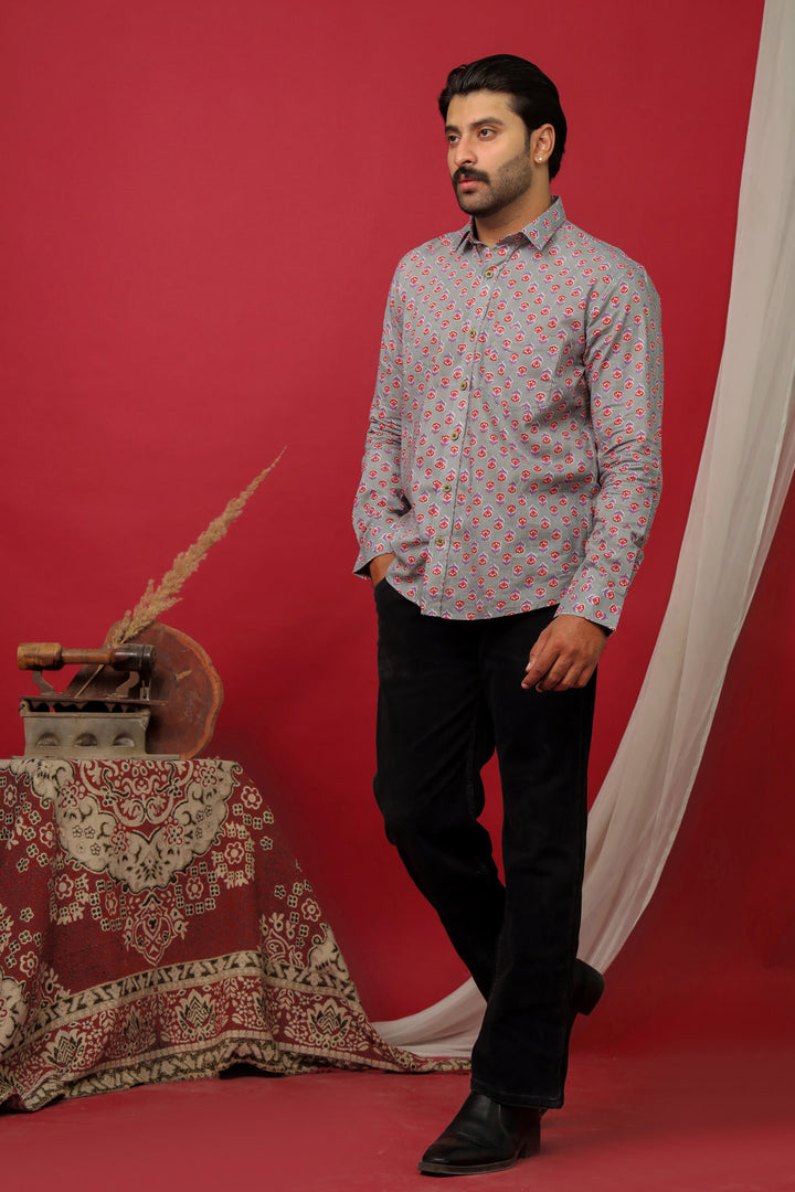 Men’s Grey Floral Print Cotton Shirt