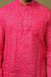 Pink Bandhani Print Cotton Short Kurta Shirt for Men