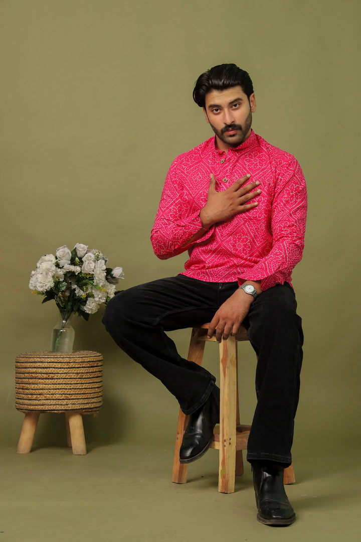 Pink Bandhani Print Cotton Short Kurta Shirt for Men